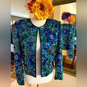 Stunning Emerald Green Royal Blue Sequin Jacket - Vintage NWT Lawrence Kazar - M